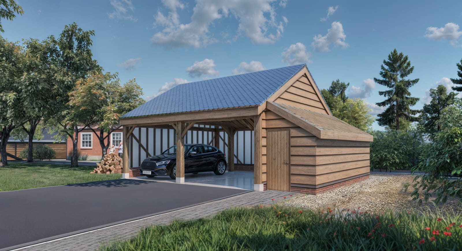 3D render of 2-bay carport with integrated side store and vehicle inside