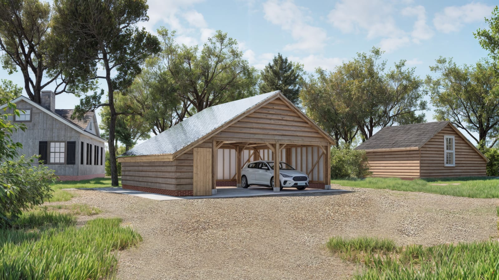 3D render of 2-bay carport with solar tiles on rear roof and car inside