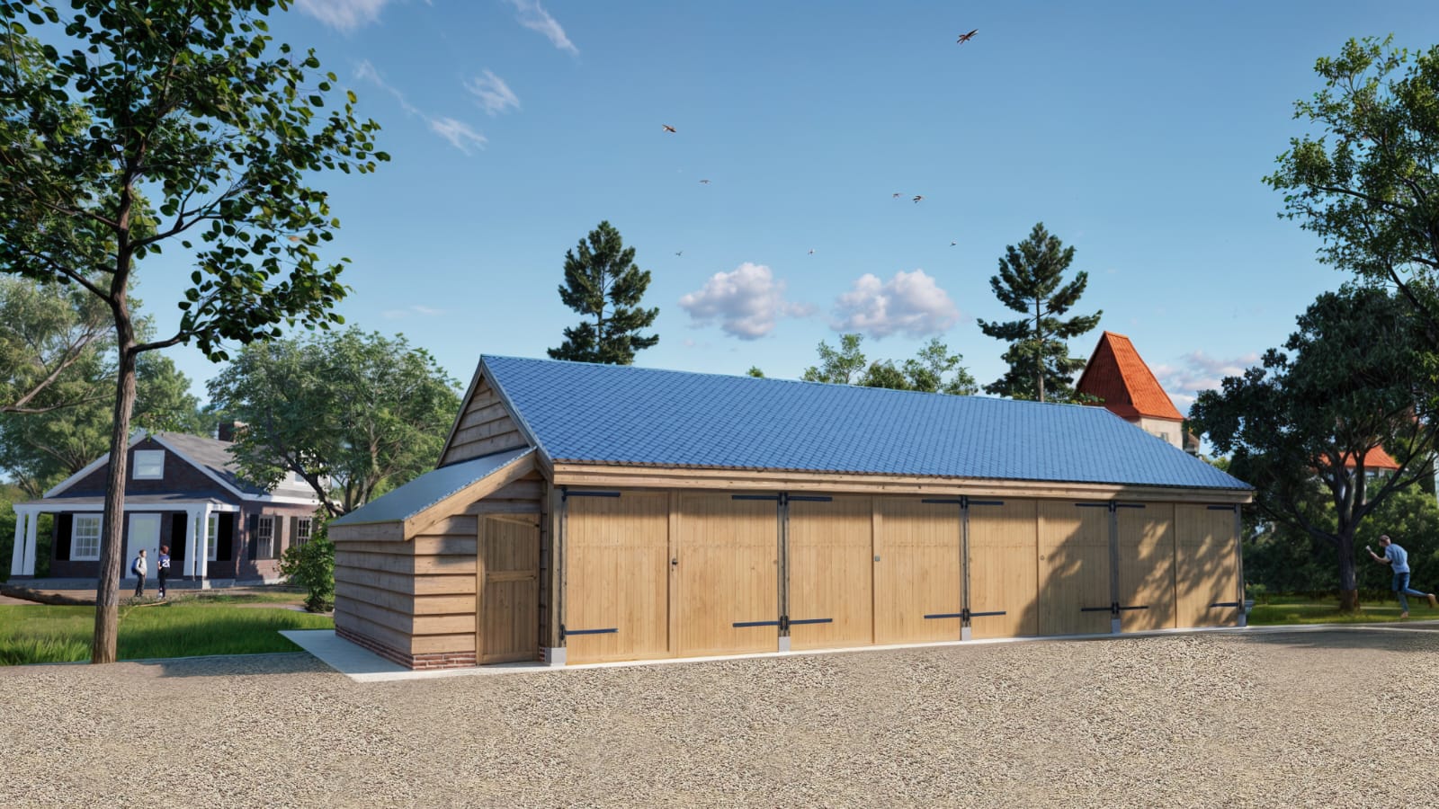 3D render of 3-bay barn from side angle showing side store and solar roof