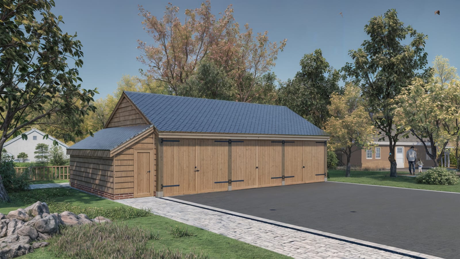 3D render of 3-bay barn structure with dark solar tiles and barn doors